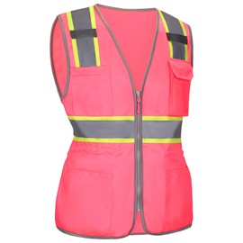 MZCYHCSD Pink Reflective Safety Vest for Women with Pockets, High Visibility Construction Work Vest for Lady Workers/Drivers, ANSI Type R Class2, M