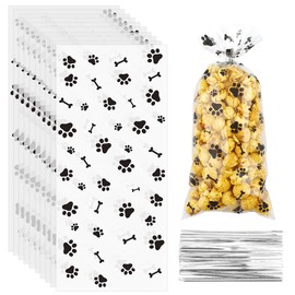Pet Paw Print Cellophane Bags, 5x11 Inch Dog Print Treat Bag 100 Pcs Black Dog Paw Print Cellophane Treat Bags with Twist Ties Dog Cookie Candy Goodie Bag for Pet Birthday Party Favor Supplies