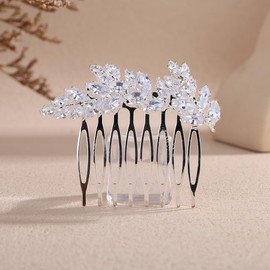 Kercisbeauty CZ Crystal Beads Leaves Hair Comb for Wedding Brides Bridesmaid Sparkle Hair Pieces (Silver)