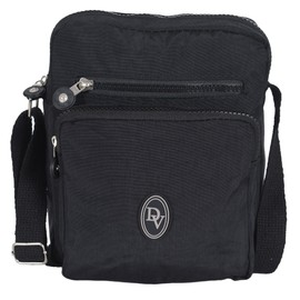 DV 73 Small Two Section Women’s Zipper Crossbody Nylon Water Resistant Ladies Unisex Travel Bag (Black)