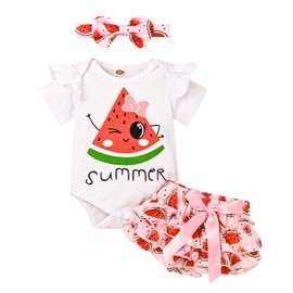 DOMOABEI 9 Months Baby Girl Clothes Infant Clothes Summer Outfits Shorts Set Ruffle Romper Cute Baby Clothes Watermelon Print Girl Summer Outfits Set Pink Baby Girls' Clothing Sets 6-9M/80cm