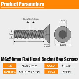 M6 50mm Flat Head Screws,M6-1.0x50mm Flat Head Sockt Cap Screw and Bolt,Stainless Steel Countersunk Bolts,Allen Socket Drive,Full Thread,Bright Finish,Coarse Thread UNC, 25Pcs