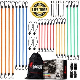 ROCKET STRAPS | 36 Piece Bungee Cords with Hooks | Bungee Cord Assortment Includes 48",40",32",24",18",10" | Tie Downs | Ball Bungees | Carrying Bag