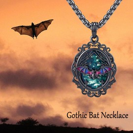 DAYLINLOVE Gothic Bat Chain 925 Sterling Silver Goth Cameo Fligree Moss Agate Pendant Necklace Gothic Bat Jewellery Gift for Women Girls Women Mother Unisex Goth Lovers, Sterling Silver, No Gemstone