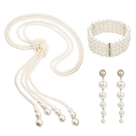NYGGTYK Pack of 3 Faux Pearl Jewellery, Pearl Necklace from the 1920s, Drop Pearl Earrings, Multilayer Pearl Bracelet, Women's Pearl Jewellery for Everyday Life, Parties and Celebrations, Alloy,