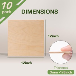 Rowood 10 Pack Birch Plywood 1/8,12x12x1/8inch,3mm Thick Unfinished Wood for Laser Cutting and Engraving,DIY Ornaments,Wood Burning,Models Drawing