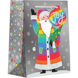 Jillson Roberts Small Christmas Gift Bags with Holographic Accents, Rainbow Santa (12 Count)