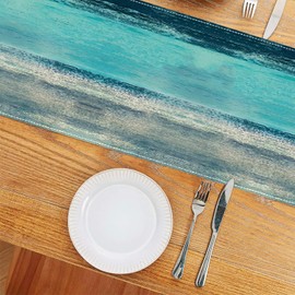 Linen Burlap Rustic Table Runner Dresser Scarves 13x72, Retro Old Wood Barn Teal Tablecloth for Farmhouse Kitchen, Dinner Holiday Parties, Wedding, Events, Decor