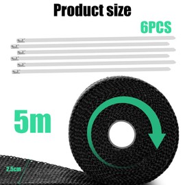 Heat Protection Tape, Exhaust Tape, Basalt Fibre Exhaust Tape, Heat Protection Tape, Basalt Fibre, 15 m x 2.5 cm, Heat Protection Tape, Exhaust Yellow with 6 Stainless Steel Cable Ties, Titanium Heat