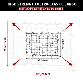 MATUFF Extra Thick 6mm Latex core Cargo net for Pickup Truck Bed & SUV, 3'x 4' Heavy Duty Universal car Organizer net Stretches to 6'x 8' Small 4"x4" mesh Bungee net, w 12 Metal carabiners & 12 Hooks
