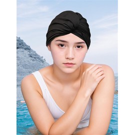 Swimming Cap Women's Turban Swimming Cap Large Swimming Hat Ear Protection Bath Cap Non-Slip Swimming Cap Stretchy Swimming Cap Retro Pleated Swimming Cap for Long Short Hair Women Girls Black
