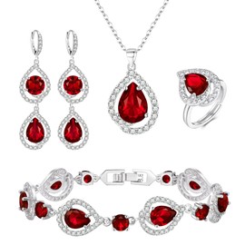 EVER FAITH 4 Piece Jewellery Set for Women Teardrop Cubic Zirconia Pendant Necklace Earrings Tennis Bracelet and Open Ring Sets for Party Wedding Birthday Valentine's Day, Cubic Zirconia, Cubic