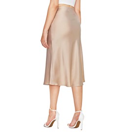 Verdusa Women's Elegant High Waist Satin A Line Flared Midi Skirt Beige M