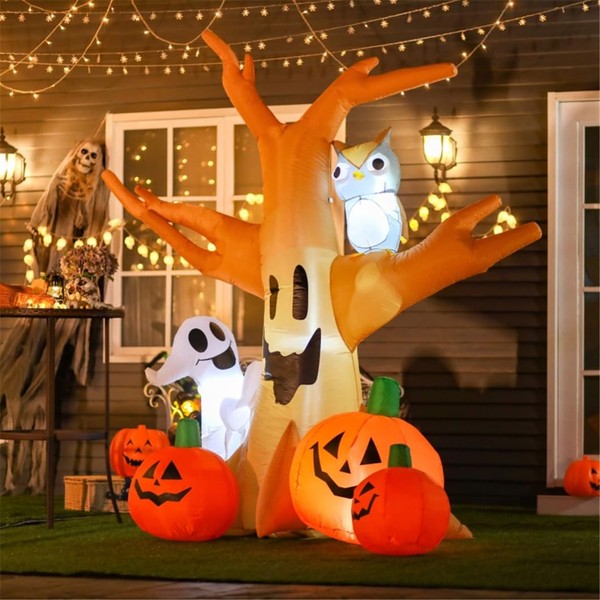 7.5 FT Tall Inflatable Scary Ghost Tree with Owl, Ghost,