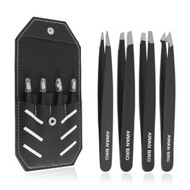 Premium Eyebrow Tweezers Set – Stainless Steel 4 Piece Black Tweezers for Women Facial Hair, Tweezer for Men & Women Perfect for Eyebrow Shaping - Includes Carrying Case & 4 Types of Tweezer.