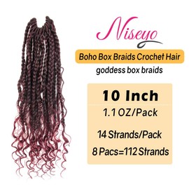 Niseyo Goddess Box Braids Crochet Hair 10 Inch 8 Packs Short Crochet Box Braids Pre Looped Curly Ends Premium Quality Synthetic Hair (T118/Ombre Burgundy)