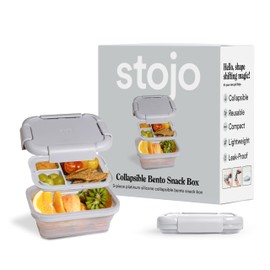 STOJO Collapsible Bento Box, Reusable, Leak-Proof, Microwave & Dishwasher Safe, Premium Lunch Container with Divider – Space-Saving, Transparent Design (Cashmere, 2.75-Cup/650mL)