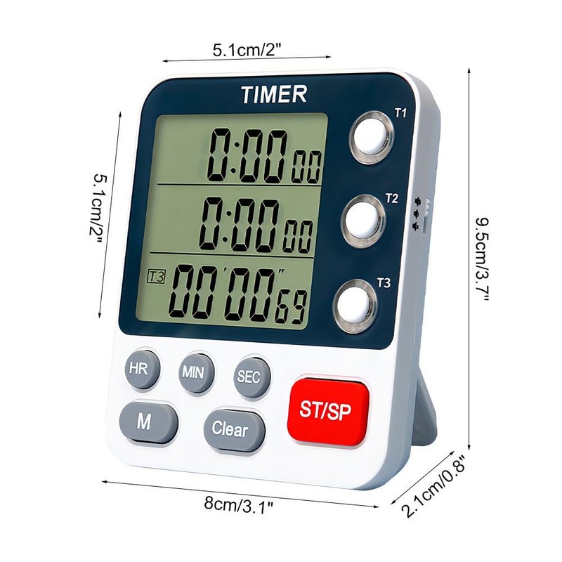 Digital Kitchen Timer, 3 Channels Magnetic Stopwatch Timer, Countdown/Stopwatch Cooking