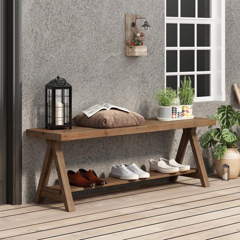 RowyPoey 51" Solid Wood Bench, Long Farmhouse Entryway Bench with