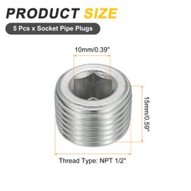 sourcing map 5Pcs Male Thread Socket Pipe Plugs, NPT 1/2" Stainless Steel Internal Hex Thread Pipe Caps for Pipe Fitting and Sealing, Silver