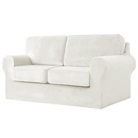 vctops 5 Pieces Velvet Stretch Sofa Cover for 2 Seater Couch Soft Washable Sofa Slipcover with Individual Backrest and Cushion Covers for Kids Cats Dogs (White,2 Seat)