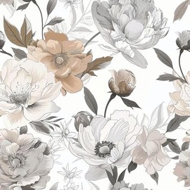 Vintage Floral Wallpaper Peel and Stick, Retro Peony Wallpaper for Home Decor, Beige/Brown/Gray, 17.7in x 118in