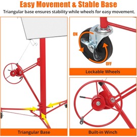 11 FT Drywall Lift Panel Rolling Hoist Jack Lifter, Sheetrock Lift Drywall Lift, Foldable Adjustable Drywall Jack Lift for Ceiling and Walls and Home Improvement, with 3 Lockable Wheels, Red
