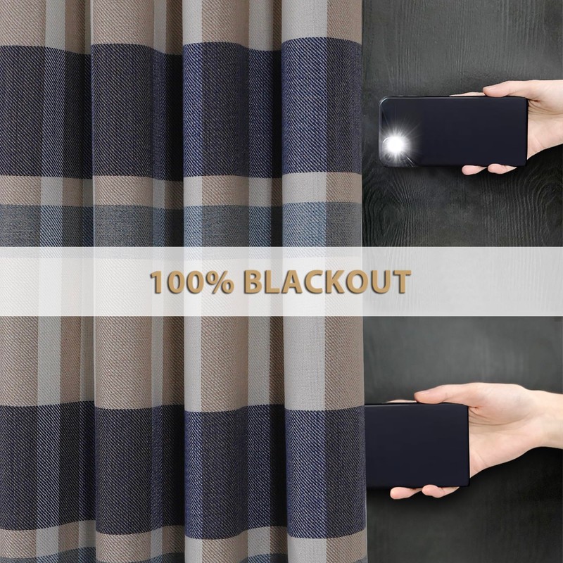 always4u 100% Blackout Plaid Curtains for Bedroom Living Room Woolen