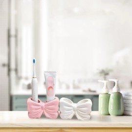 2 Pcs Toothbrush Holders, Ceramic Bow Bathroom Accessories, Cute Toothbrush & Toothpaste Organizers, Moisture-Proof Toothbrush Stands, Ideal for Stylish Washrooms, Pink+White