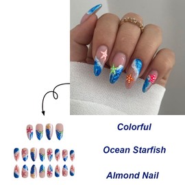 ONPRESS 24Pcs Summer Press on Nails Mdeium Almond Fale Nails Blue French Tip False Nails with Colorful Starfish Design Sea Waves Nude Glue on Nails Glossy Full Cover Acrylic Nail for Women Girls