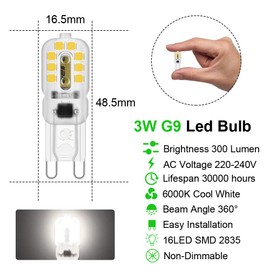 Tailcas Tailcas G9 LED Lampen Kaltweiss 6000K, 3W Kaltwei? Glhbirne G9, Entspricht 30W Halogenlampe, 300Lumen Kein Flimmern Leuchtmittel (16.5 x 48.5 mm), Nicht Dimmbar, AC 220-240V, 10 Stck Mini Birnen
