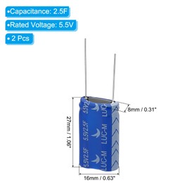 PATIKIL 2 Pcs 5.5V 2.5F Super Capacitor,0.63 x 0.31 x 1.06" Aluminum Super Capacitors, Winding Type Energy Storage for on Board Backup Energy Storage
