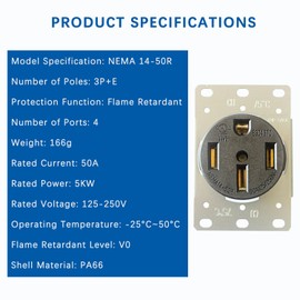 NEMA 14-50R Outlet - High-Power Outlet, Rated for Up to 50 Amps at 125/250 Volts, Perfect for Electric Vehicles, RVs, Features a Heavy-Duty Construction with a 3-Pole, 4-Wire Configuration