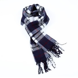 A.WAVE Softer than Cashmere Wool Touch Tassel Ends Plaid Check Solid Scarf (Navy, 12 x 66 inches (31 x 167.5 cm))
