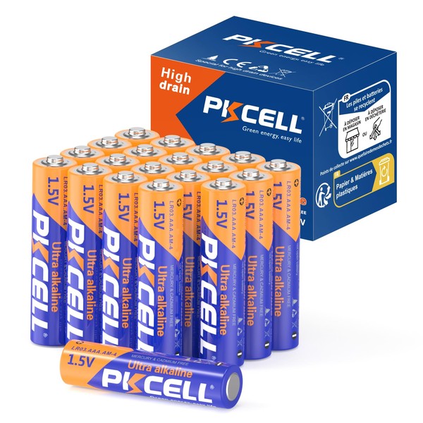 PKCELL - Pilas AAA LR03, 1.5 V, pilas alcalinas AAA, paquete de 20 baterías triple A para teclados, relojes, juguetes, controles remotos (10 años de vida útil)