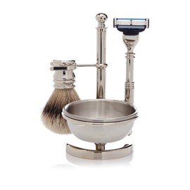 Golddachs Rasierständer silber mit Seifenschale