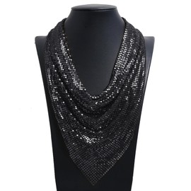 Greenery-GRE Metal Sequin Mesh Scarf Necklace Gold Chain Choker Faux Collar Bib Statement Neckpiece for Nightclub Party Festival Jewelry Accessories for Women (Black)