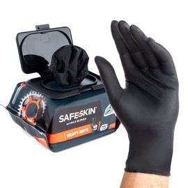 SAFESKIN* Nitrile Disposable Gloves in POP-N-GO* Pack, Heavy Duty, X-Large Size, Powder-Free, Black - For Household Plumbing, Gardening, Painting , 160 Count