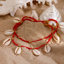 MUYAN Boho Shell Ankle Bracelet for Women Red Long Beaded Adjustable Seashell Anklet Beach Summer Jewelry