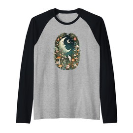 Aesthetic Goblincore and dark Cottagecore Mushroom Moon Bird Raglan Baseball Tee