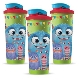Guateplast - Set de 3 Vasos con Tapa | Vasos de Plástico | Juego de Vasos | Vasos Reusables | Bebidas | Vasos con Tapa | Diseño Monstruo