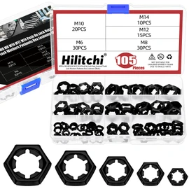 Hilitchi 105Pcs 5 Sizes Internal Tooth Starlock Washers Assortment Kit 65Mn Steel Push Nut Push On Washer Quick Speed Locking Washer Push On Locking Washer for Machinery Equipment (M6 M8 M10 M12 M14)