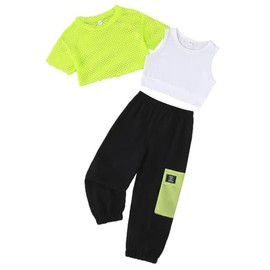 HEOXIN Girls Clothing Sets, 3 Pieces Kids Neon Mesh Openwork Short-Sleeved Crop Top Pure Sleeveless Vest Hip Hop Street Summer Thin Work Pants Pockets Dance Outfits Clothes Girl, Green, 2-3 Years
