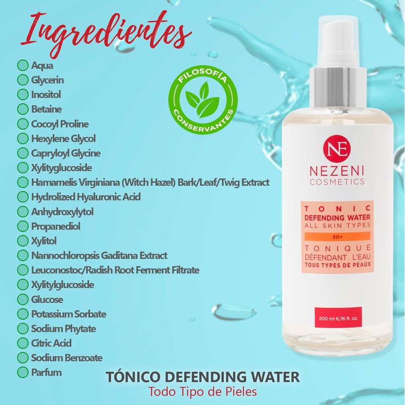 Nezeni Defending Water Gesichtswasser, 200 ml, 8 Wirkprinzipien, Hyaluronsäure, Hamamelis-Extrakt