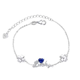 Lucky Four Leaf Clover Birthstone Bracelet 925 Sterling Silver 4 Leaf Clover September Sapphire Heart Birth Stone Bracelet Adjustable Cubic Zirconia Bracelets, Birthday Jewelry Gift for Women Girls