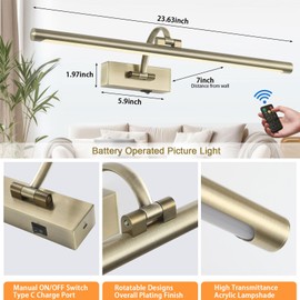 Tassuowell Antique Bronze Picture Light, 23.6 Inch Remote Control Painting Lights for Wall Cordless, 3CCT Dimmable Wall Lights for Pictures, Rechargeable Art Light for Pictures On Wall with Timer