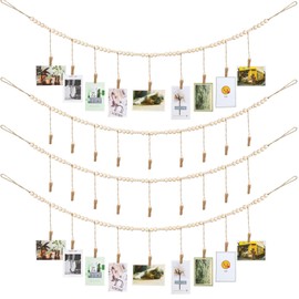 Wall Hanging Photo Display with Wooden Beads Garland 4 Feet Boho Collage Picture Frame DIY Picture Photo Frame Set with 9 Wood Clips for Rustic Country Home, Office Nursery Room Decoration (4 Pieces)