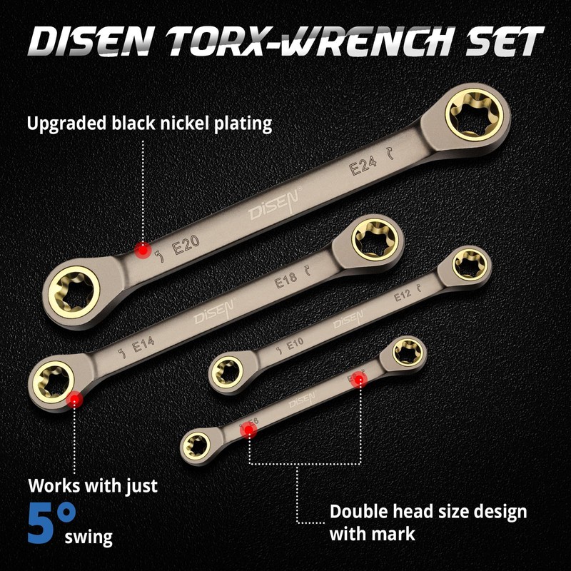 DISEN 2025 Upgraded 4-Piece E-Torx Double Box Ratcheting Wrench Set,