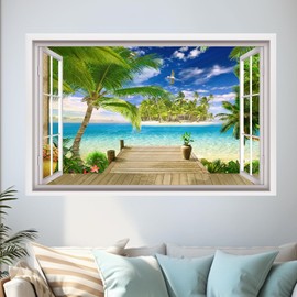 HPNIUB 3D Beach Wall Stickers,3D Sea View Wall Art for Living Room,Landscape Broken Wall Sticker,Beach Coconut Tree Wall Decal,Sea Scenery Wall Mural Sticker for Bedroom Bathroom Decor (Window4)
