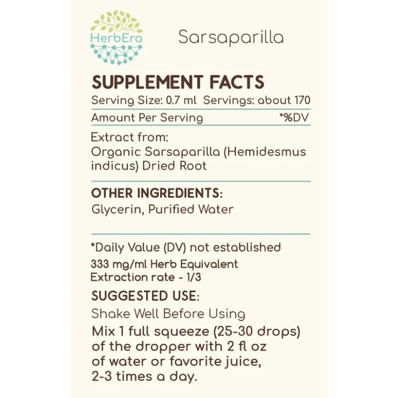 HerbEra Sarsaparilla Alcohol-FREE Tincture Organic (Hemidesmus indicus) - 4 fl